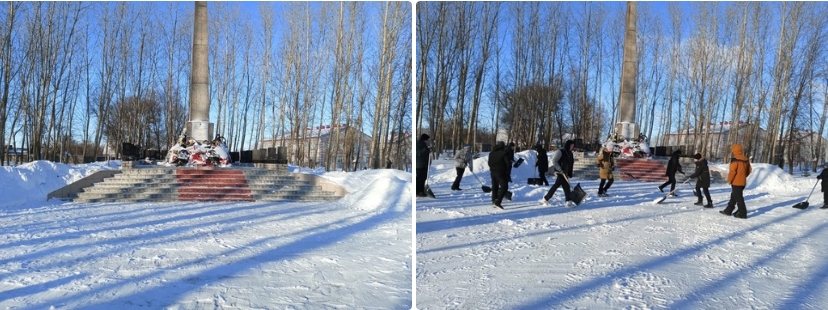 Учащиеся МОУ Сараевская СОШ очистили от снега территорию памятника и прилегающую к нему территорию в Центральном парке.